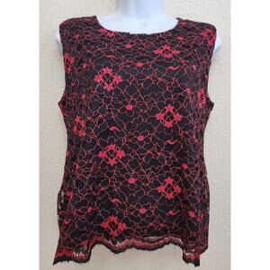 Red Black Lace Overlay Sleeveless Top Large 12 Lightweight Soft Scalloped Hem